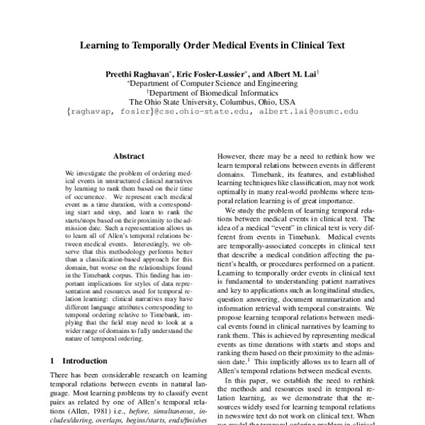 Learning to Temporally Order Medical Events in Clinical Text - ACL ...