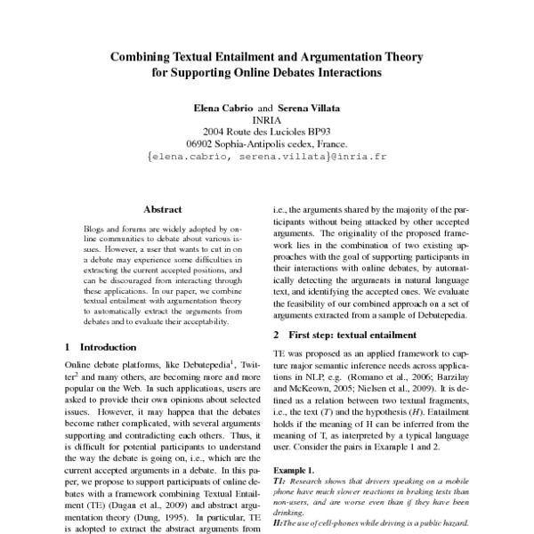 Combining Textual Entailment And Argumentation Theory For Supporting Online Debates Interactions