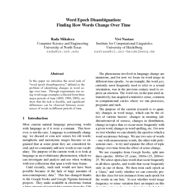 Word Epoch Disambiguation Finding How Words Change Over Time ACL Anthology