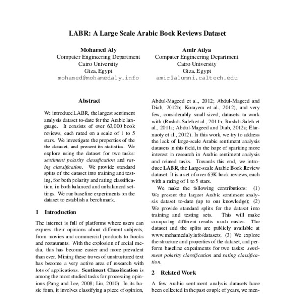 LABR: A Large Scale Arabic Book Reviews Dataset - ACL Anthology
