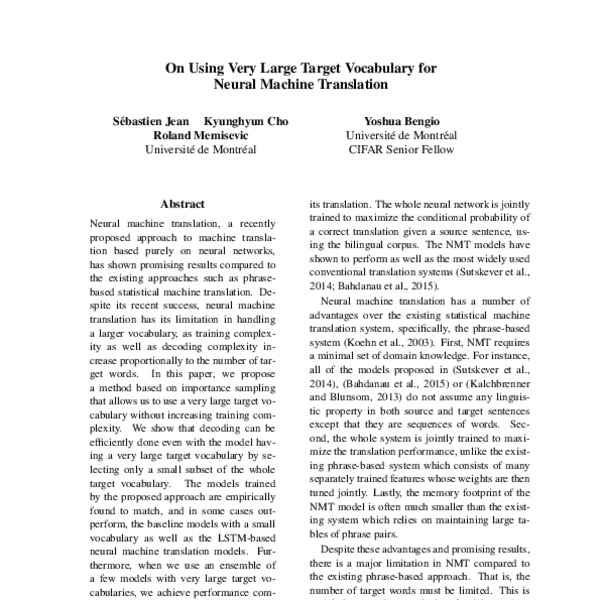 On Using Very Large Target Vocabulary for Neural Machine Translation ...