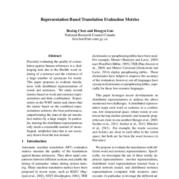 Representation Based Translation Evaluation Metrics - ACL Anthology