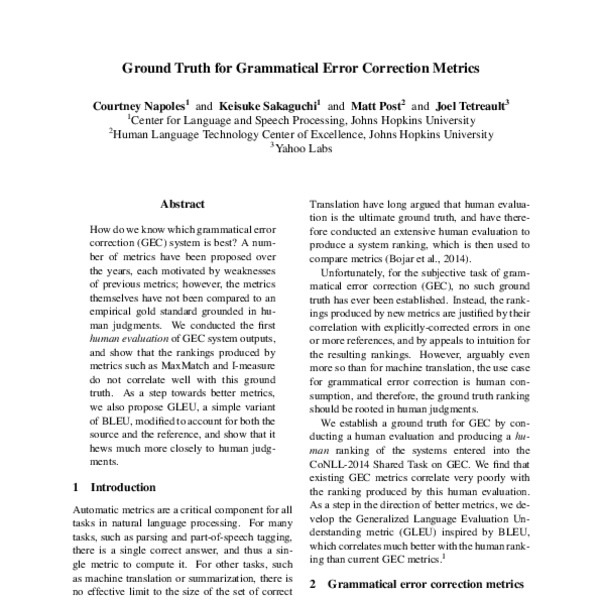 Ground Truth for Grammatical Error Correction Metrics - ACL Anthology