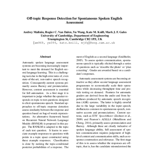 Off-topic Response Detection for Spontaneous Spoken English Assessment ...