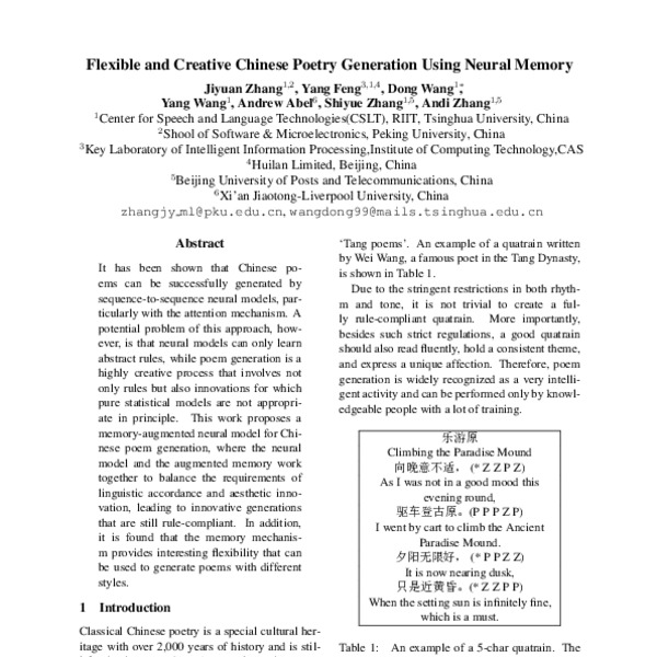 Flexible and Creative Chinese Poetry Generation Using Neural Memory ...