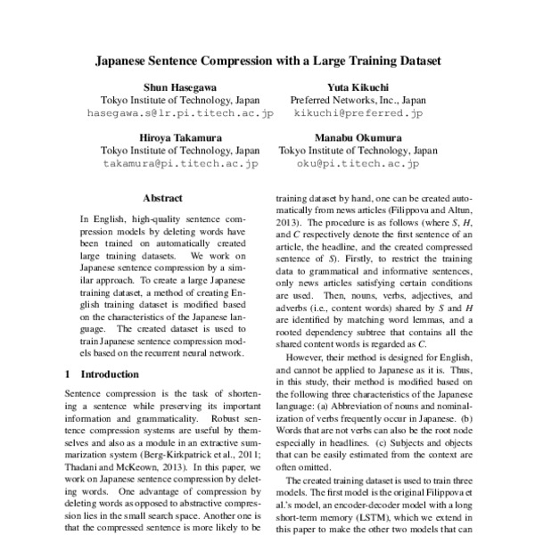 Japanese Sentence Compression with a Large Training Dataset - ACL Anthology