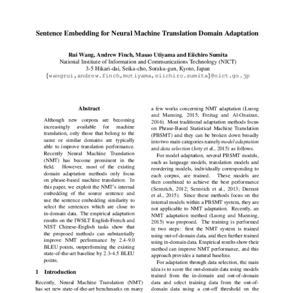 Sentence Embedding for Neural Machine Translation Domain Adaptation ...