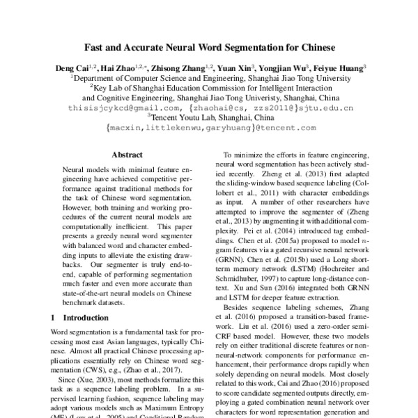 Fast and Accurate Neural Word Segmentation for Chinese - ACL Anthology