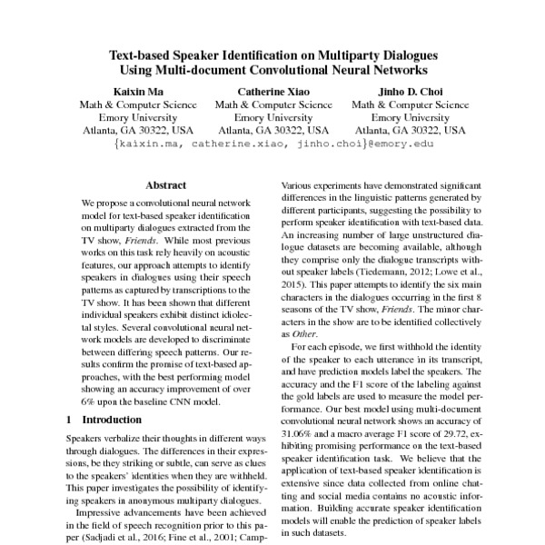 Text-based Speaker Identification on Multiparty Dialogues Using Multi ...