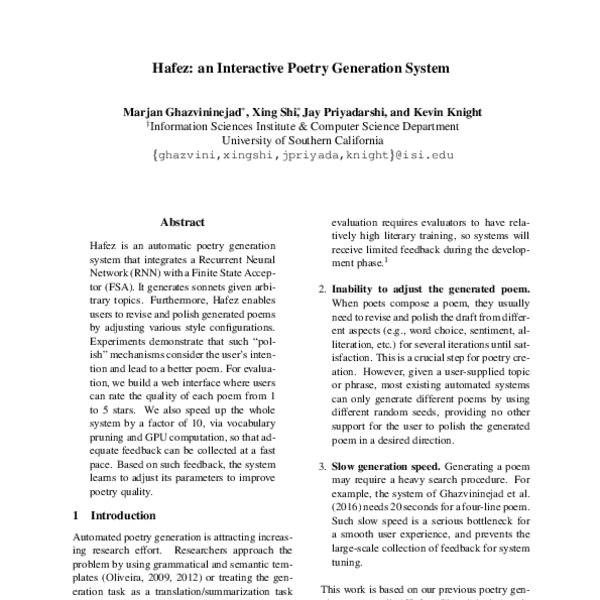 Hafez: an Interactive Poetry Generation System - ACL Anthology