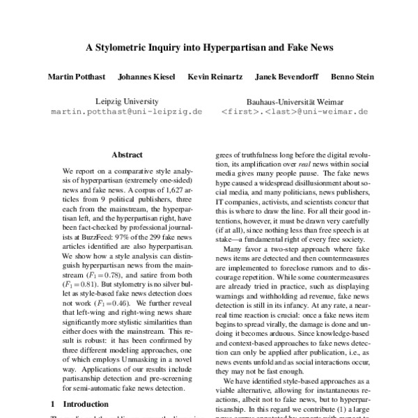 A Stylometric Inquiry into Hyperpartisan and Fake News - ACL Anthology