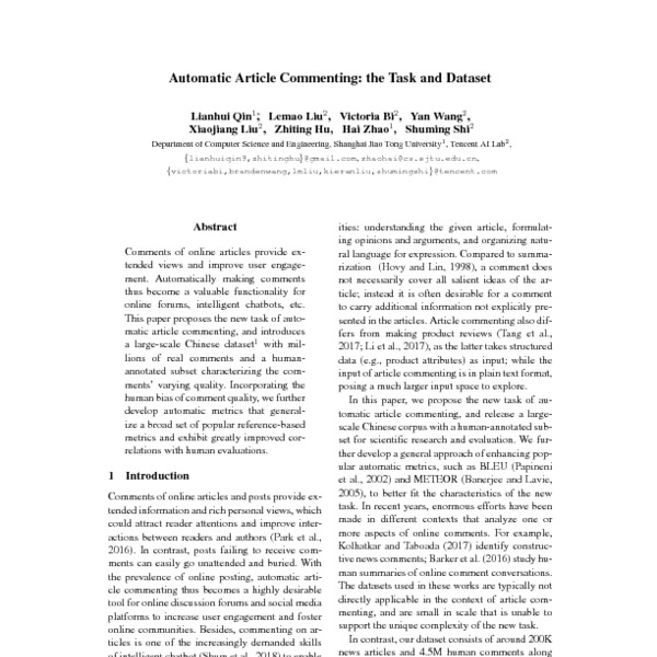 Automatic Article Commenting the Task and Dataset ACL Anthology