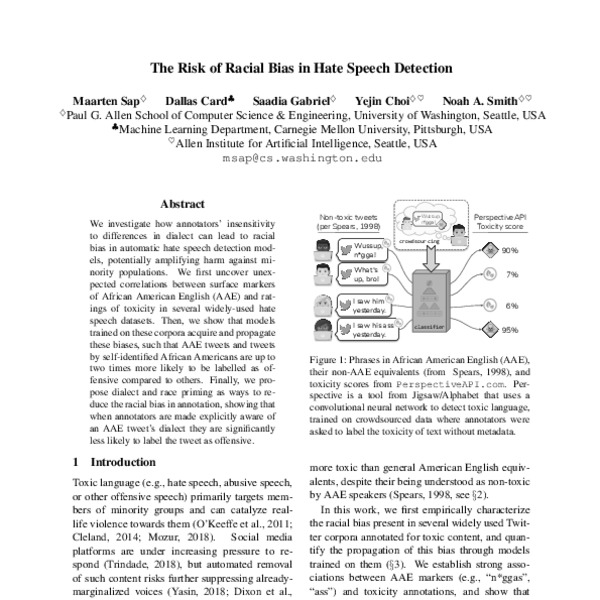 The Risk of Racial Bias in Hate Speech Detection - ACL Anthology