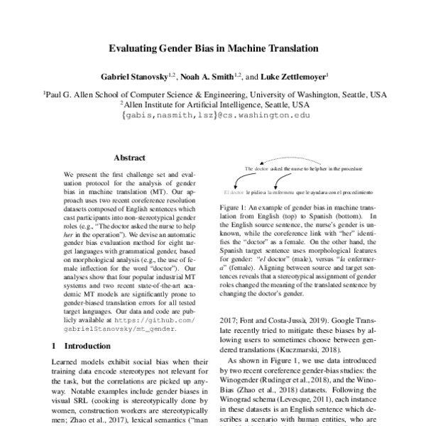 Evaluating Gender Bias In Machine Translation Acl Anthology