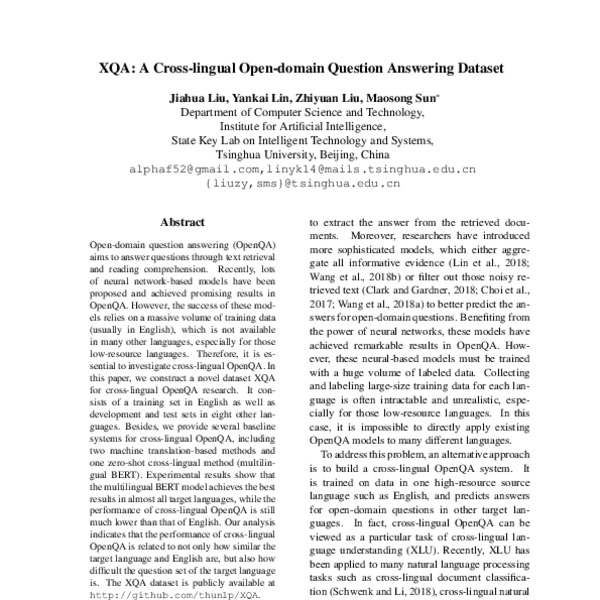 XQA: A Cross-lingual Open-domain Question Answering Dataset - ACL Anthology