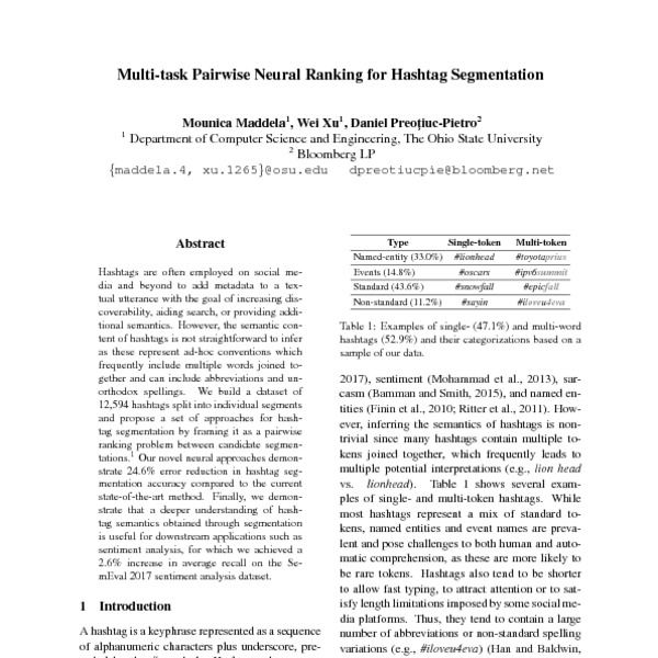 Multi-task Pairwise Neural Ranking for Hashtag Segmentation - ACL Anthology