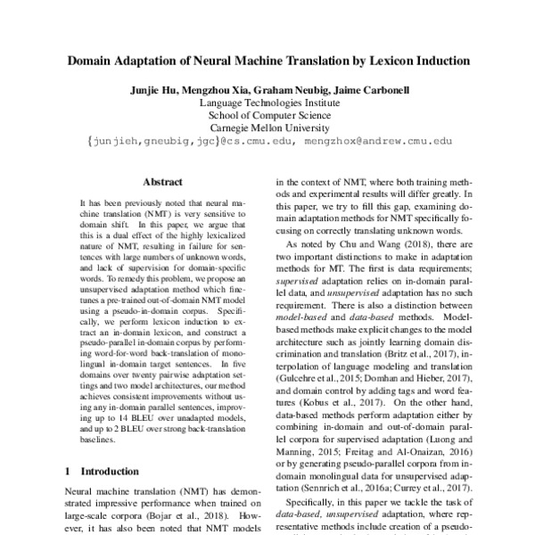 Domain Adaptation of Neural Machine Translation by Lexicon Induction ...
