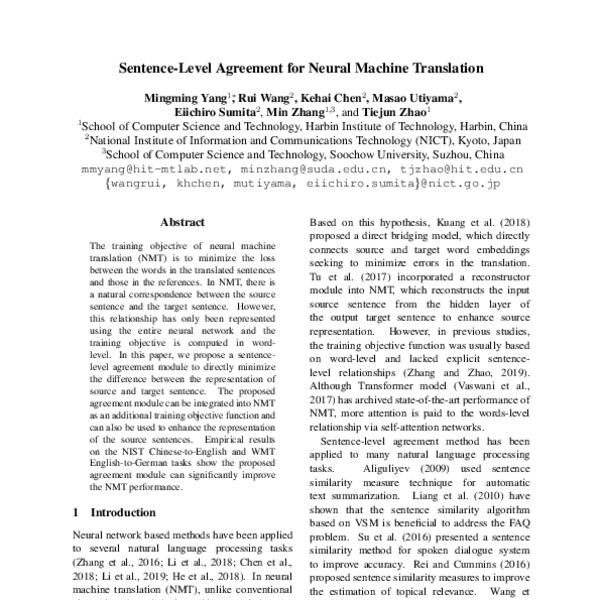 Sentence-Level Agreement for Neural Machine Translation - ACL Anthology