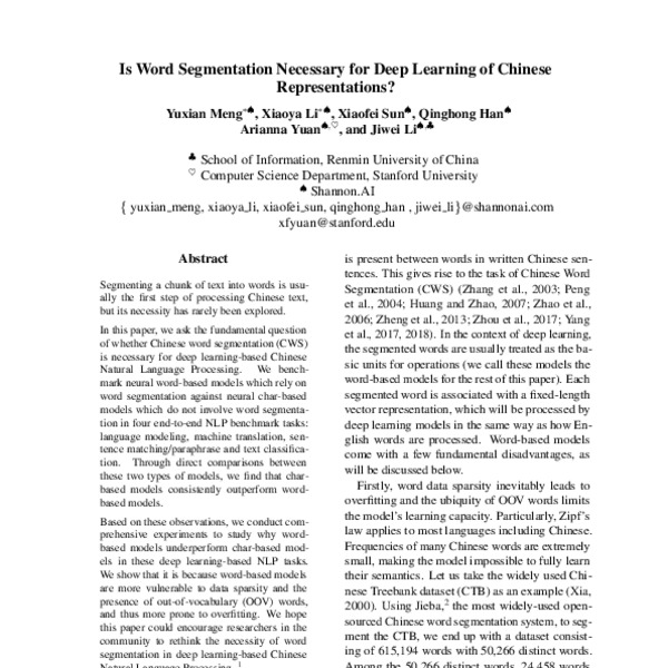 Is Word Segmentation Necessary for Deep Learning of Chinese ...
