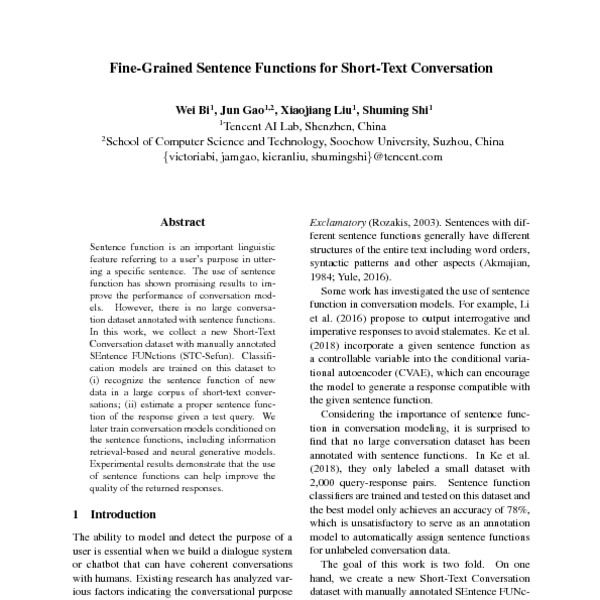 Fine-Grained Sentence Functions for Short-Text Conversation - ACL Anthology