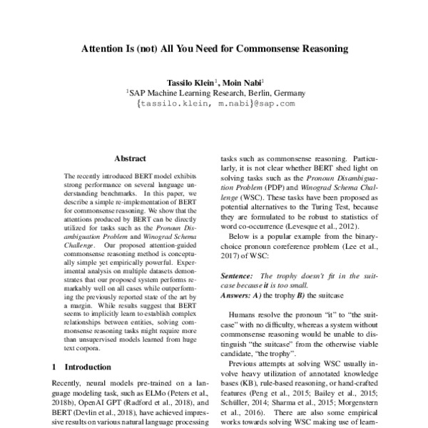 Attention Is (not) All You Need for Commonsense Reasoning - ACL Anthology