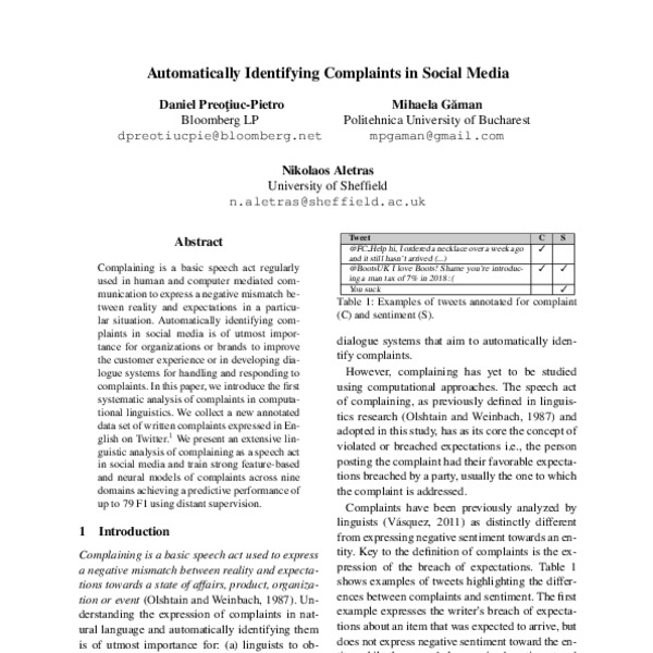 Automatically Identifying Complaints in Social Media - ACL Anthology