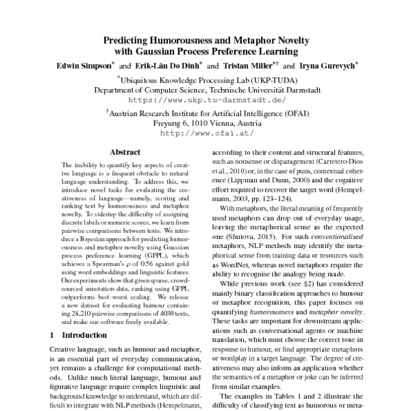 Predicting Humorousness And Metaphor Novelty With Gaussian Process Preference Learning Acl Anthology