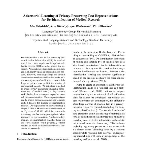 Adversarial Learning of Privacy-Preserving Text Representations for De ...
