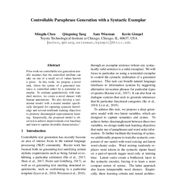 Controllable Paraphrase Generation with a Syntactic Exemplar - ACL ...