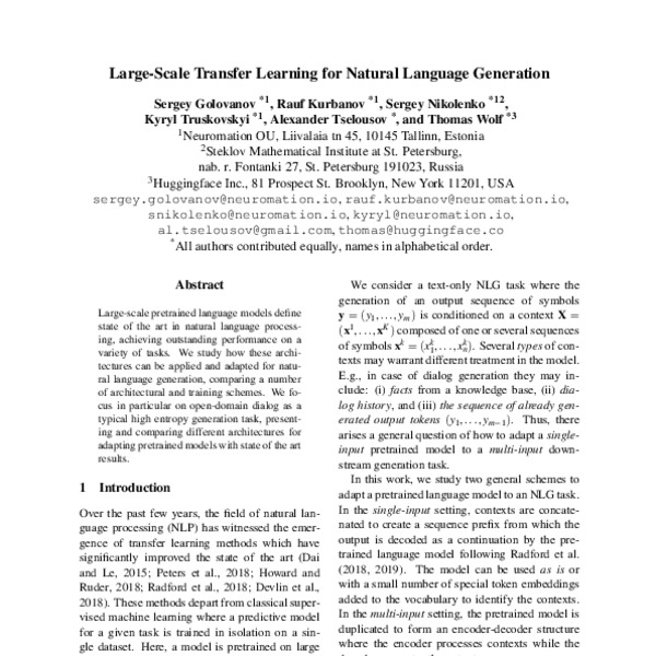 Large-Scale Transfer Learning for Natural Language Generation - ACL ...