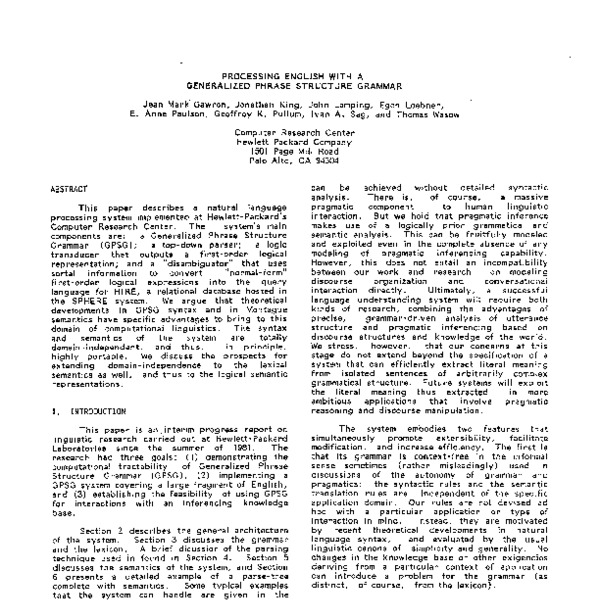 Processing English With A Generalized Phrase Structure Grammar ACL 