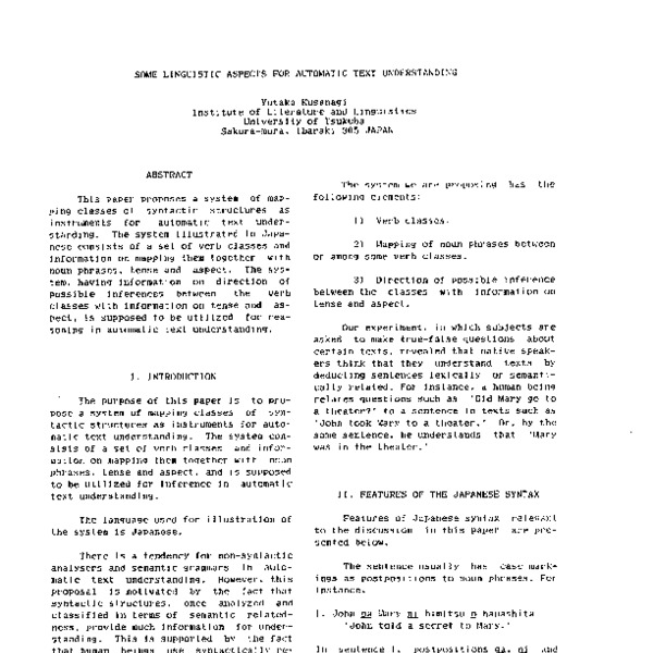 Some Linguistic Aspects for Automatic Text Understanding - ACL Anthology
