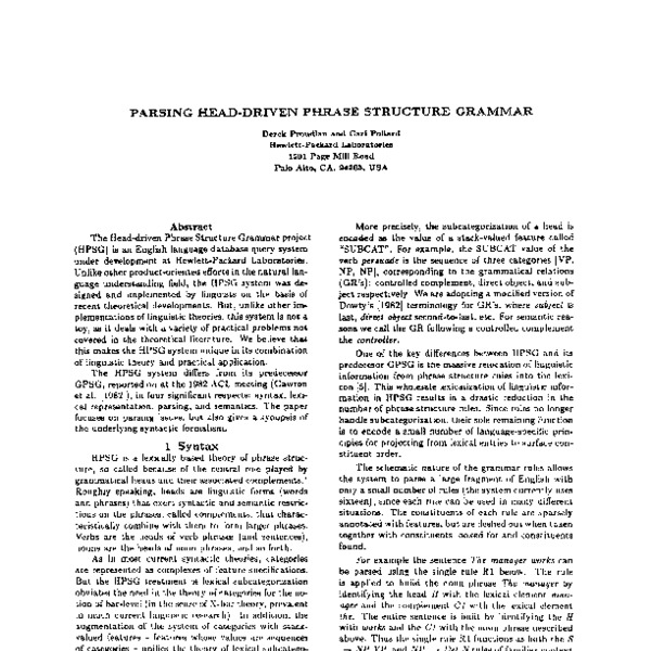 Parsing Head Driven Phrase Structure Grammar ACL Anthology