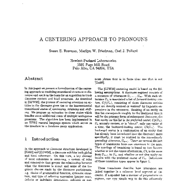 A Centering Approach to Pronouns - ACL Anthology