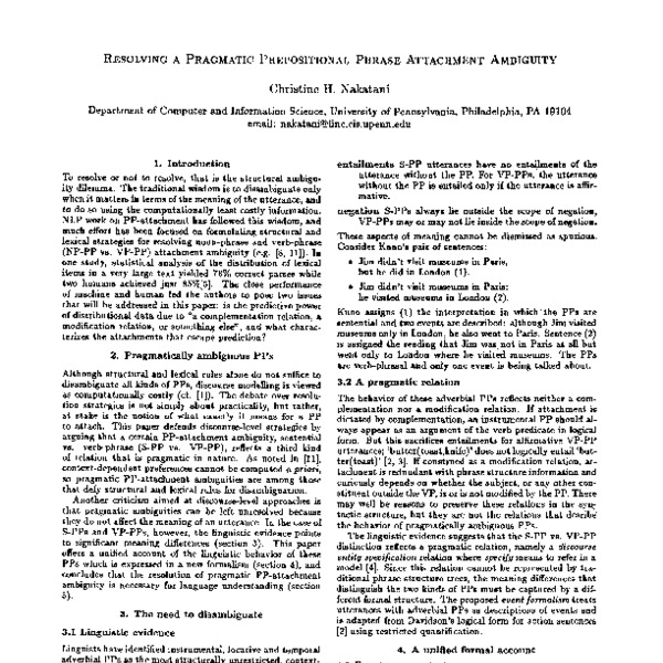 Resolving a Pragmatic Prepositional Phrase Attachment Ambiguity ACL