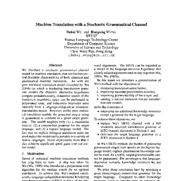 Machine Translation with a Stochastic Grammatical Channel - ACL Anthology