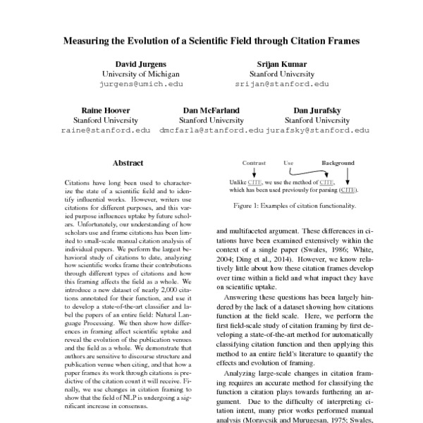 Measuring The Evolution Of A Scientific Field Through Citation Frames Acl Anthology