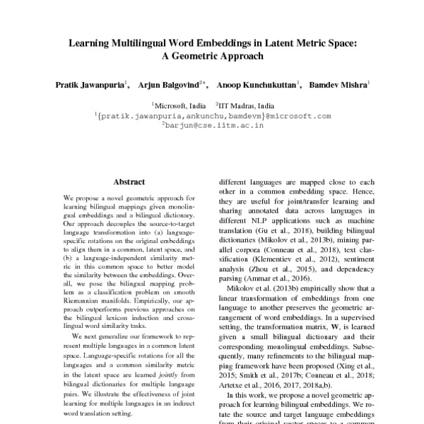 Learning Multilingual Word Embeddings In Latent Metric Space: A ...