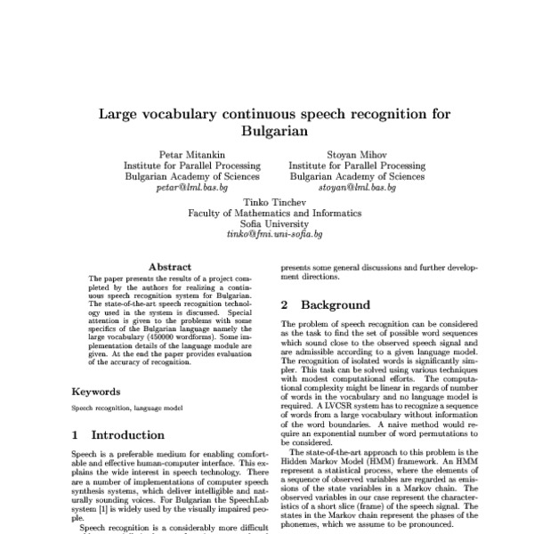 Large Vocabulary Continuous Speech Recognition for Bulgarian - ACL ...