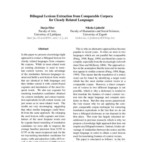 Bilingual lexicon extraction from comparable corpora for closely ...