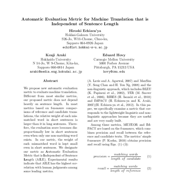 Automatic Evaluation Metric For Machine Translation That Is Independent Of Sentence Length ACL 