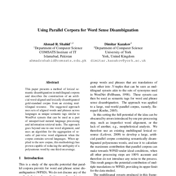 Using Parallel Corpora for Word Sense Disambiguation - ACL Anthology
