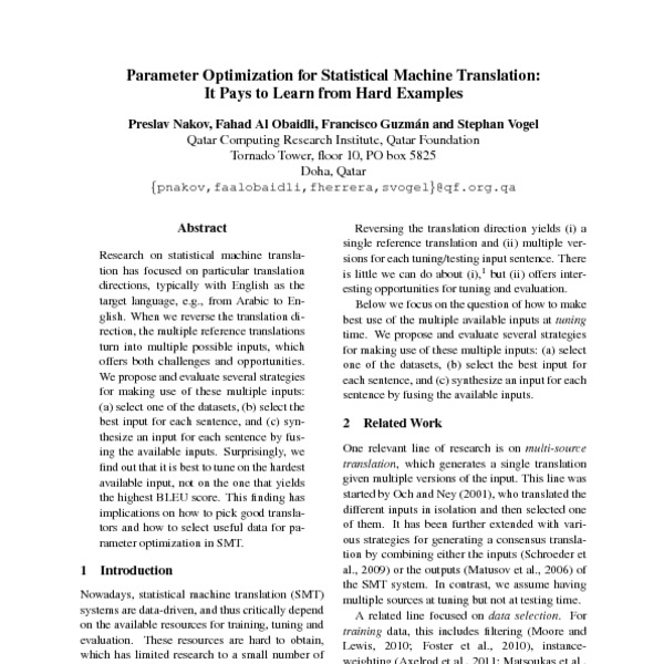 Parameter Optimization for Statistical Machine Translation It