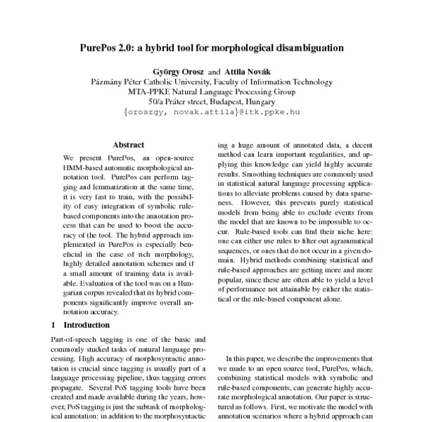 PurePos 2.0 a hybrid tool for morphological disambiguation ACL