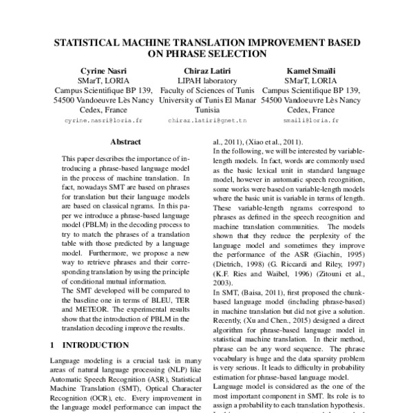 Statistical Machine Translation Improvement based on Phrase Selection ...