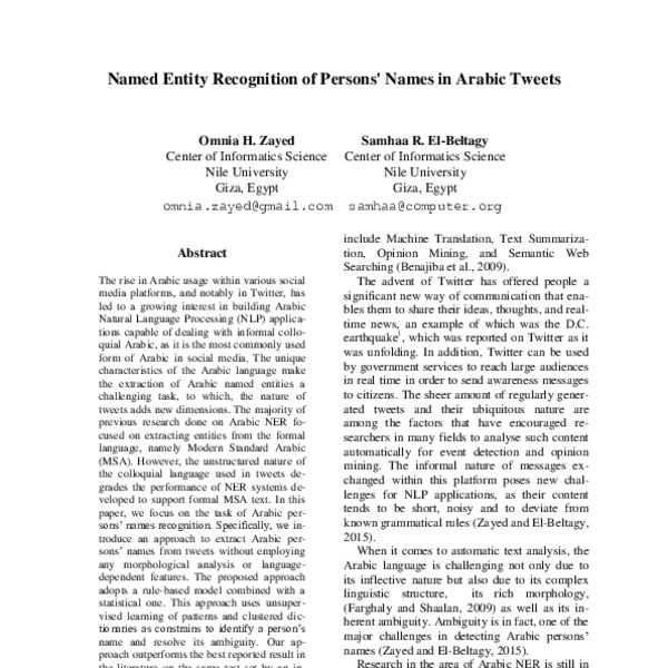 Named Entity Recognition of Persons’ Names in Arabic Tweets - ACL Anthology
