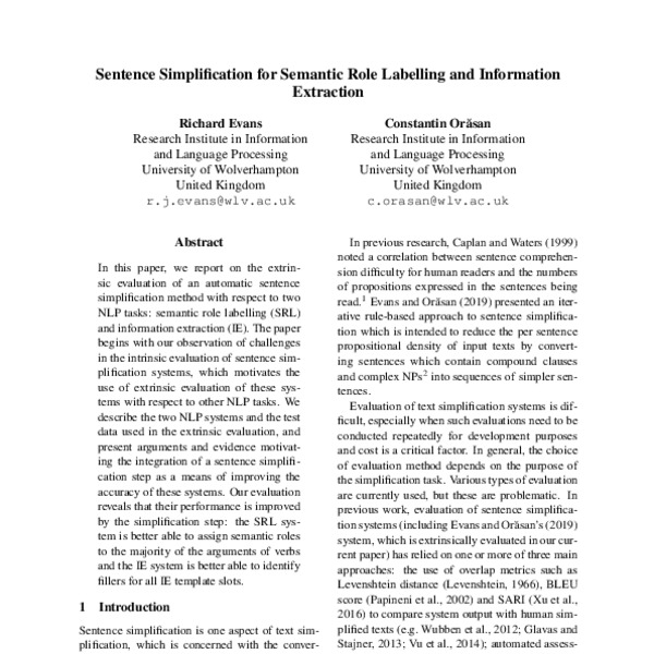 Sentence Simplification for Semantic Role Labelling and Information ...
