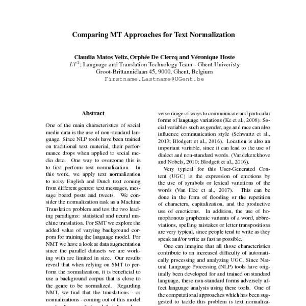 Comparing Mt Approaches For Text Normalization - Acl Anthology