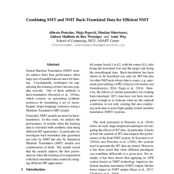 Combining PBSMT and NMT Back-translated Data for Efficient NMT - ACL ...