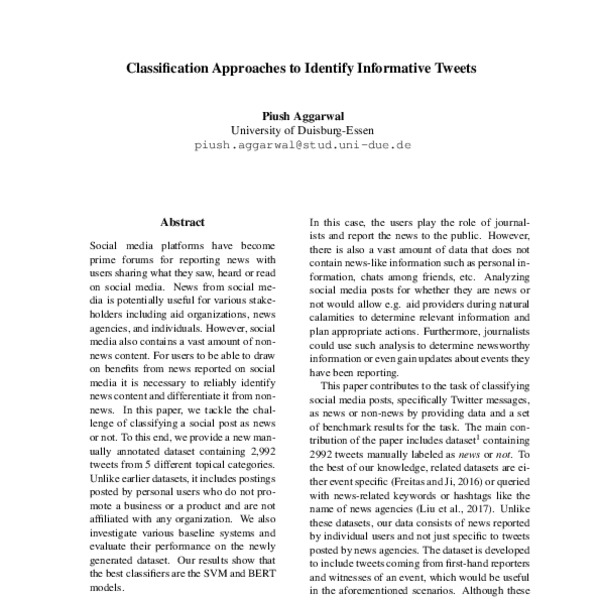 Classification Approaches to Identify Informative Tweets - ACL Anthology